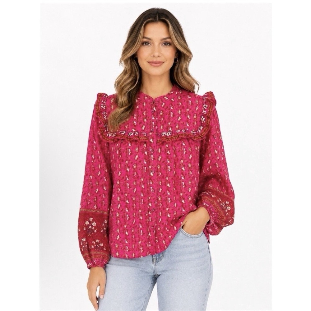 Joie Pink Floral Boho Blouse Ruffle Button Front Cotton Top Size L Cottagecore